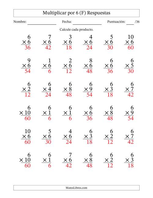 La hoja de ejercicios de Multiplicar (Factores de 1 a 10) por 6 (36 Preguntas) (F) Página 2