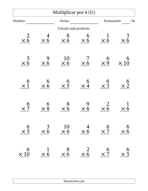 La hoja de ejercicios de Multiplicar (Factores de 1 a 10) por 6 (36 Preguntas) (G)
