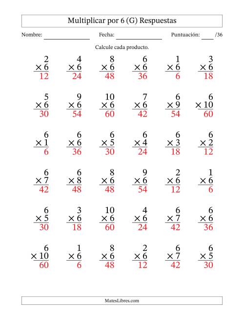 La hoja de ejercicios de Multiplicar (Factores de 1 a 10) por 6 (36 Preguntas) (G) Página 2