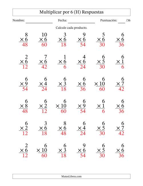 La hoja de ejercicios de Multiplicar (Factores de 1 a 10) por 6 (36 Preguntas) (H) Página 2