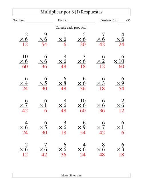 La hoja de ejercicios de Multiplicar (Factores de 1 a 10) por 6 (36 Preguntas) (I) Página 2
