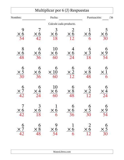 La hoja de ejercicios de Multiplicar (Factores de 1 a 10) por 6 (36 Preguntas) (J) Página 2