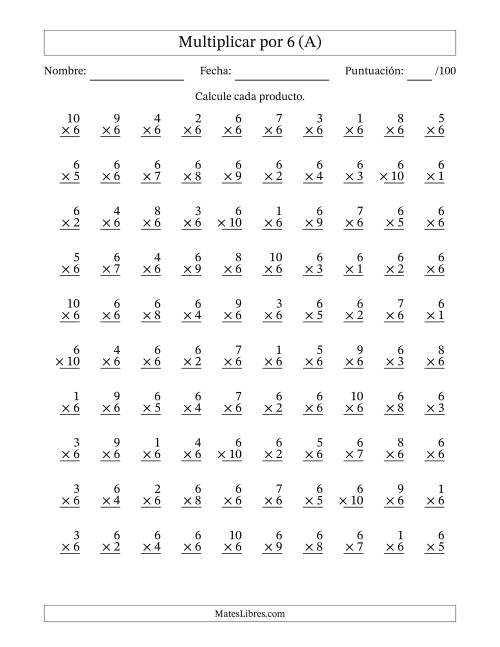 La hoja de ejercicios de Multiplicar (Factores de 1 a 10) por 6 (100 Preguntas) (Todas)