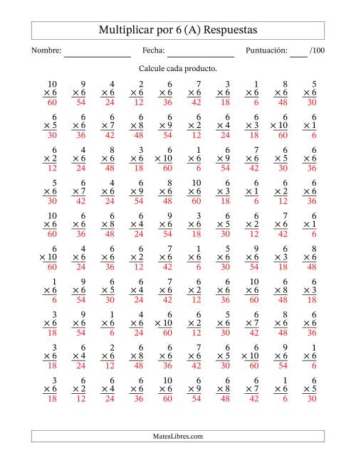 La hoja de ejercicios de Multiplicar (Factores de 1 a 10) por 6 (100 Preguntas) (Todas) Página 2