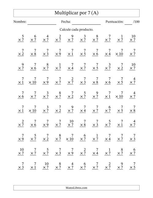 La hoja de ejercicios de Multiplicar (Factores de 1 a 10) por 7 (100 Preguntas) (A)