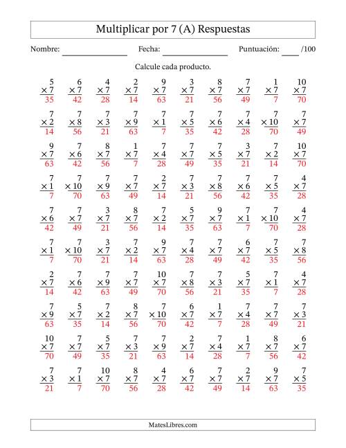 La hoja de ejercicios de Multiplicar (Factores de 1 a 10) por 7 (100 Preguntas) (A) Página 2