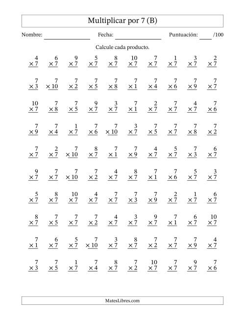 La hoja de ejercicios de Multiplicar (Factores de 1 a 10) por 7 (100 Preguntas) (B)