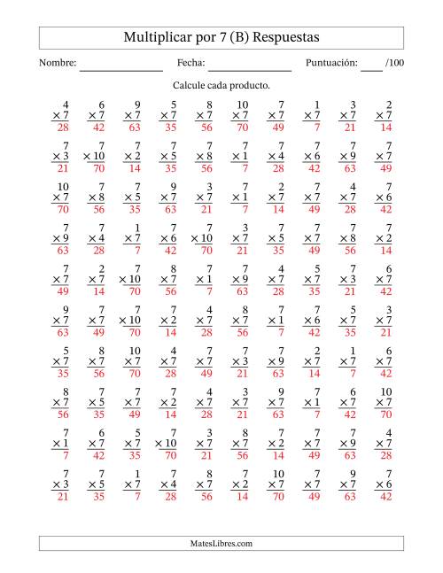 La hoja de ejercicios de Multiplicar (Factores de 1 a 10) por 7 (100 Preguntas) (B) Página 2