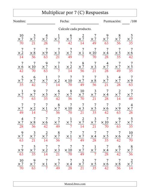 La hoja de ejercicios de Multiplicar (Factores de 1 a 10) por 7 (100 Preguntas) (C) Página 2