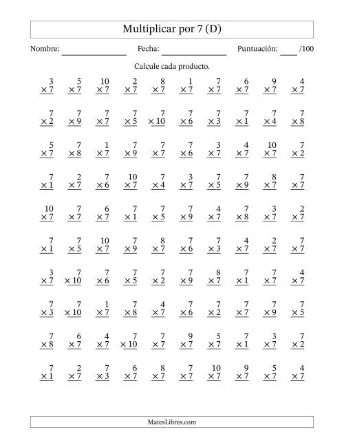 La hoja de ejercicios de Multiplicar (Factores de 1 a 10) por 7 (100 Preguntas) (D)