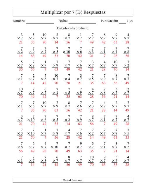 La hoja de ejercicios de Multiplicar (Factores de 1 a 10) por 7 (100 Preguntas) (D) Página 2