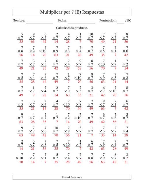 La hoja de ejercicios de Multiplicar (Factores de 1 a 10) por 7 (100 Preguntas) (E) Página 2
