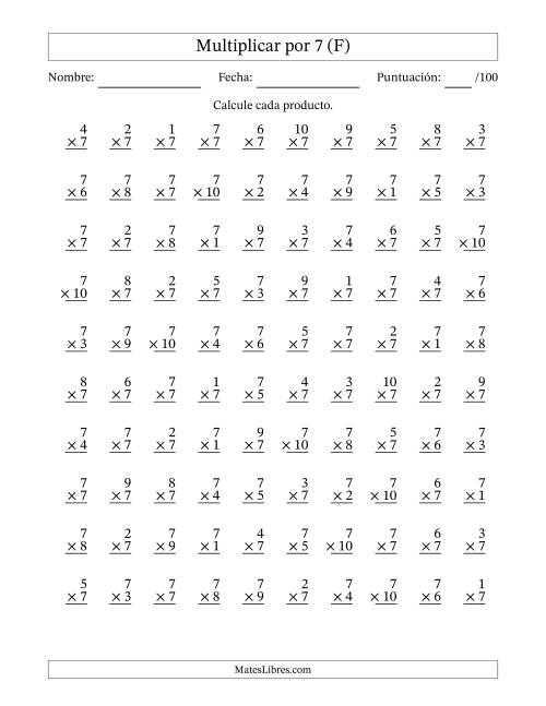 La hoja de ejercicios de Multiplicar (Factores de 1 a 10) por 7 (100 Preguntas) (F)
