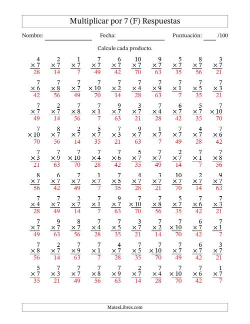 La hoja de ejercicios de Multiplicar (Factores de 1 a 10) por 7 (100 Preguntas) (F) Página 2