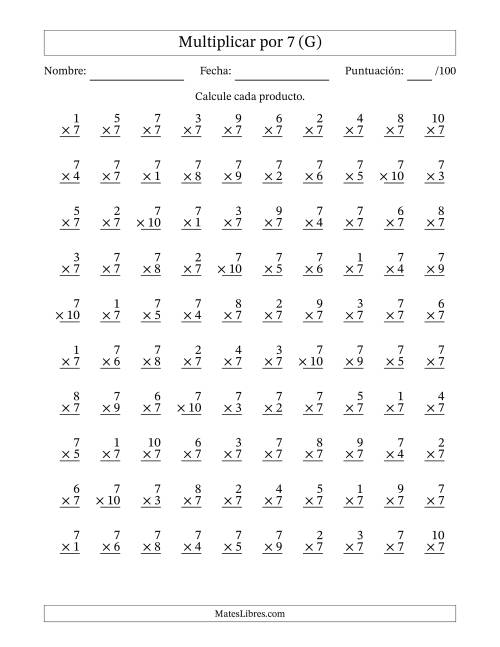 La hoja de ejercicios de Multiplicar (Factores de 1 a 10) por 7 (100 Preguntas) (G)