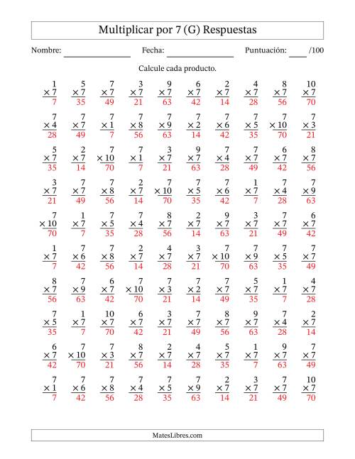 La hoja de ejercicios de Multiplicar (Factores de 1 a 10) por 7 (100 Preguntas) (G) Página 2