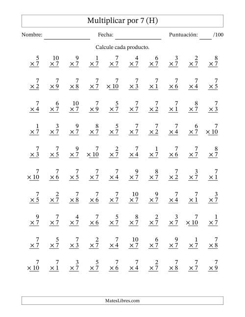 La hoja de ejercicios de Multiplicar (Factores de 1 a 10) por 7 (100 Preguntas) (H)