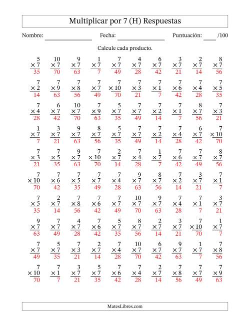 La hoja de ejercicios de Multiplicar (Factores de 1 a 10) por 7 (100 Preguntas) (H) Página 2