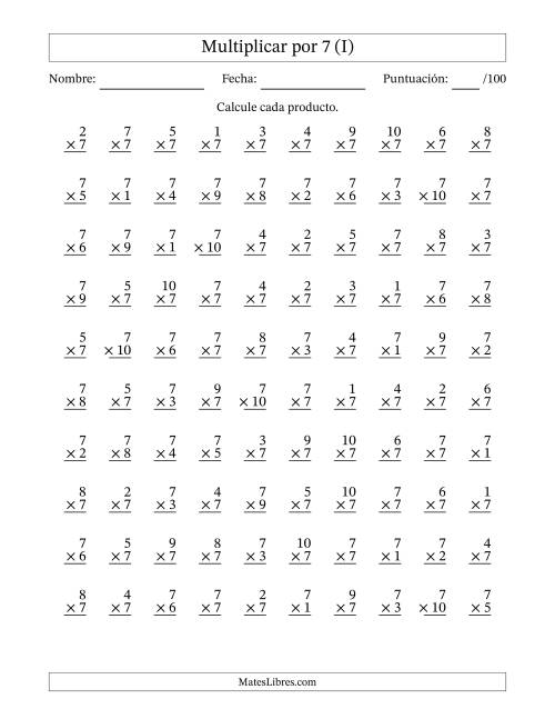 La hoja de ejercicios de Multiplicar (Factores de 1 a 10) por 7 (100 Preguntas) (I)
