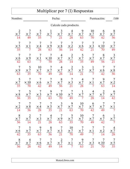 La hoja de ejercicios de Multiplicar (Factores de 1 a 10) por 7 (100 Preguntas) (I) Página 2