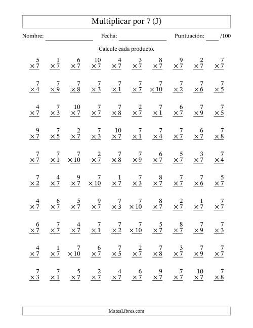 La hoja de ejercicios de Multiplicar (Factores de 1 a 10) por 7 (100 Preguntas) (J)