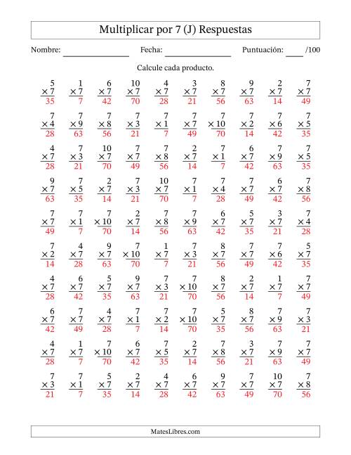 La hoja de ejercicios de Multiplicar (Factores de 1 a 10) por 7 (100 Preguntas) (J) Página 2