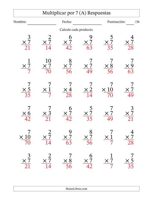 La hoja de ejercicios de Multiplicar (Factores de 1 a 10) por 7 (36 Preguntas) (A) Página 2