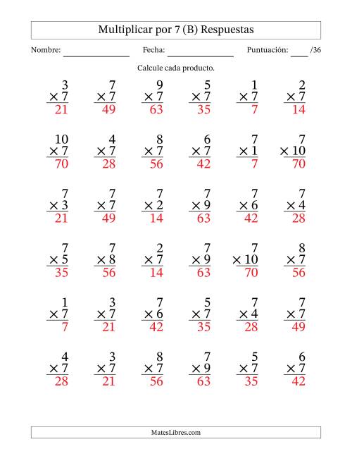 La hoja de ejercicios de Multiplicar (Factores de 1 a 10) por 7 (36 Preguntas) (B) Página 2