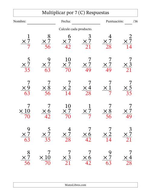 La hoja de ejercicios de Multiplicar (Factores de 1 a 10) por 7 (36 Preguntas) (C) Página 2