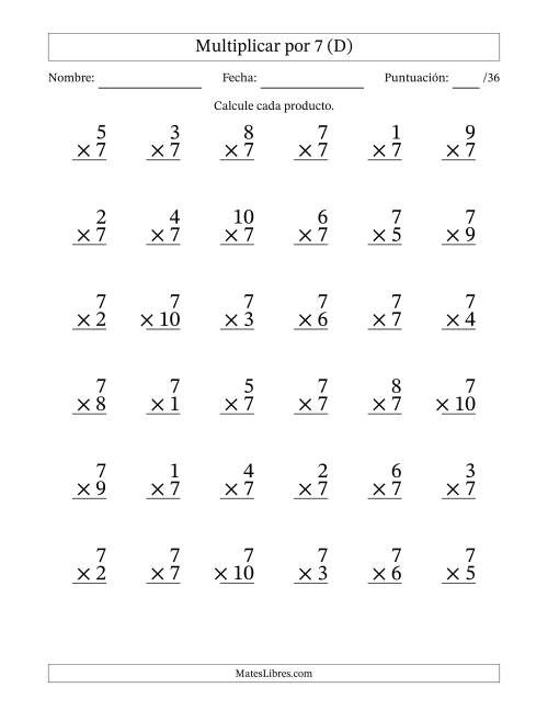 La hoja de ejercicios de Multiplicar (Factores de 1 a 10) por 7 (36 Preguntas) (D)