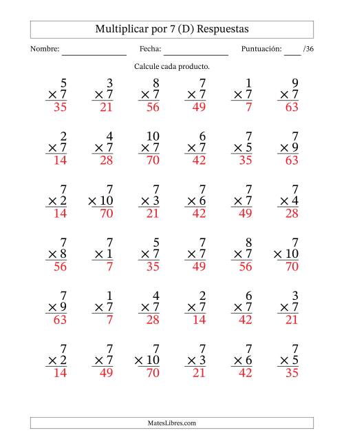 La hoja de ejercicios de Multiplicar (Factores de 1 a 10) por 7 (36 Preguntas) (D) Página 2