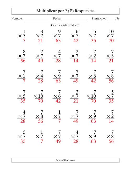 La hoja de ejercicios de Multiplicar (Factores de 1 a 10) por 7 (36 Preguntas) (E) Página 2