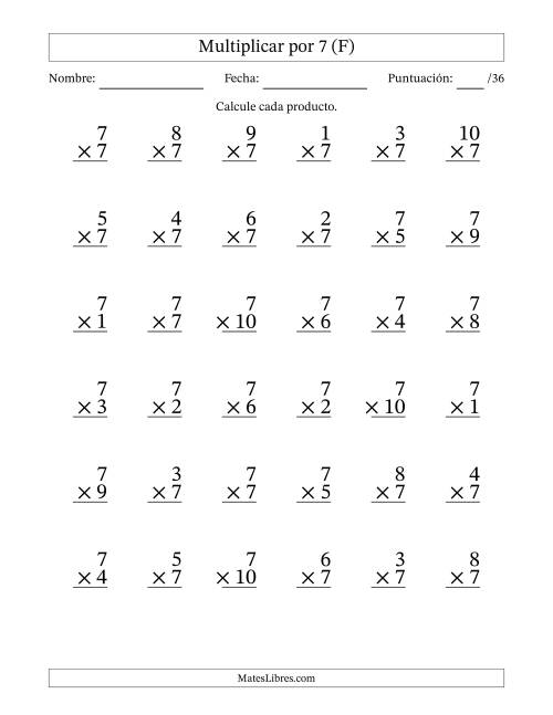 La hoja de ejercicios de Multiplicar (Factores de 1 a 10) por 7 (36 Preguntas) (F)