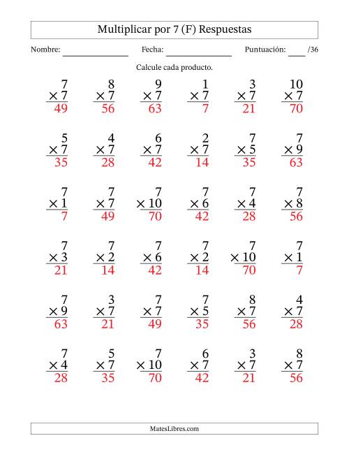 La hoja de ejercicios de Multiplicar (Factores de 1 a 10) por 7 (36 Preguntas) (F) Página 2