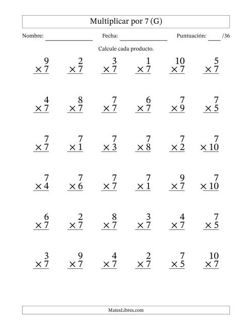 La hoja de ejercicios de Multiplicar (Factores de 1 a 10) por 7 (36 Preguntas) (G)