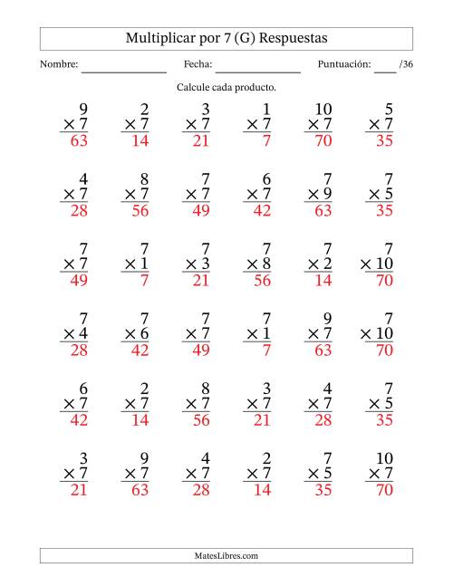 La hoja de ejercicios de Multiplicar (Factores de 1 a 10) por 7 (36 Preguntas) (G) Página 2