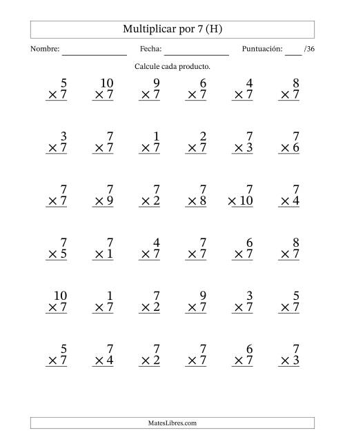La hoja de ejercicios de Multiplicar (Factores de 1 a 10) por 7 (36 Preguntas) (H)