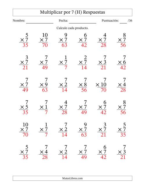 La hoja de ejercicios de Multiplicar (Factores de 1 a 10) por 7 (36 Preguntas) (H) Página 2