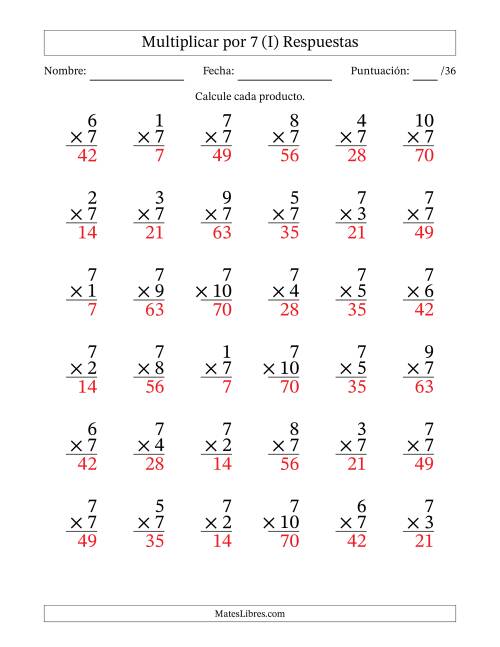 La hoja de ejercicios de Multiplicar (Factores de 1 a 10) por 7 (36 Preguntas) (I) Página 2