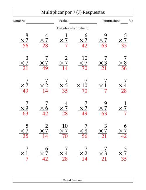 La hoja de ejercicios de Multiplicar (Factores de 1 a 10) por 7 (36 Preguntas) (J) Página 2