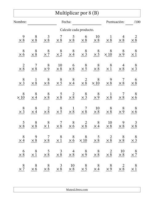 La hoja de ejercicios de Multiplicar (Factores de 1 a 10) por 8 (100 Preguntas) (B)