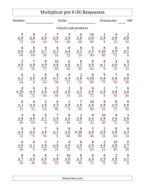 La hoja de ejercicios de Multiplicar (Factores de 1 a 10) por 8 (100 Preguntas) (B) Página 2
