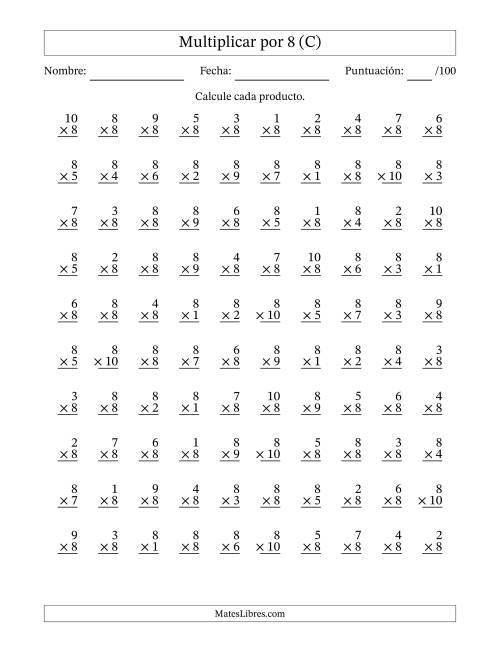 La hoja de ejercicios de Multiplicar (Factores de 1 a 10) por 8 (100 Preguntas) (C)