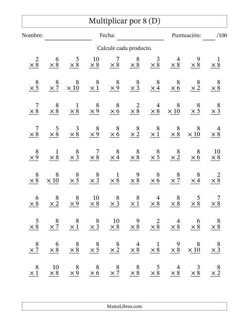 La hoja de ejercicios de Multiplicar (Factores de 1 a 10) por 8 (100 Preguntas) (D)