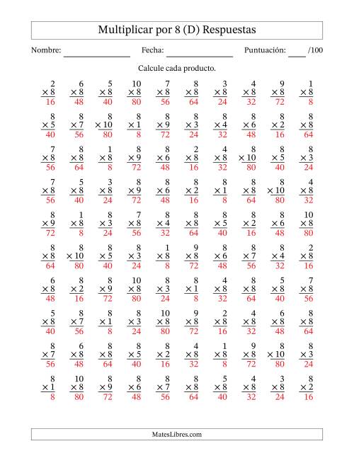 La hoja de ejercicios de Multiplicar (Factores de 1 a 10) por 8 (100 Preguntas) (D) Página 2
