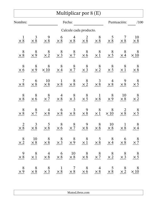La hoja de ejercicios de Multiplicar (Factores de 1 a 10) por 8 (100 Preguntas) (E)