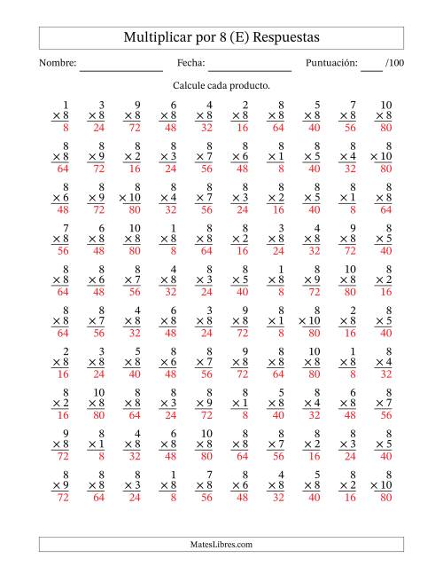 La hoja de ejercicios de Multiplicar (Factores de 1 a 10) por 8 (100 Preguntas) (E) Página 2