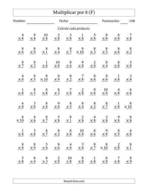 La hoja de ejercicios de Multiplicar (Factores de 1 a 10) por 8 (100 Preguntas) (F)