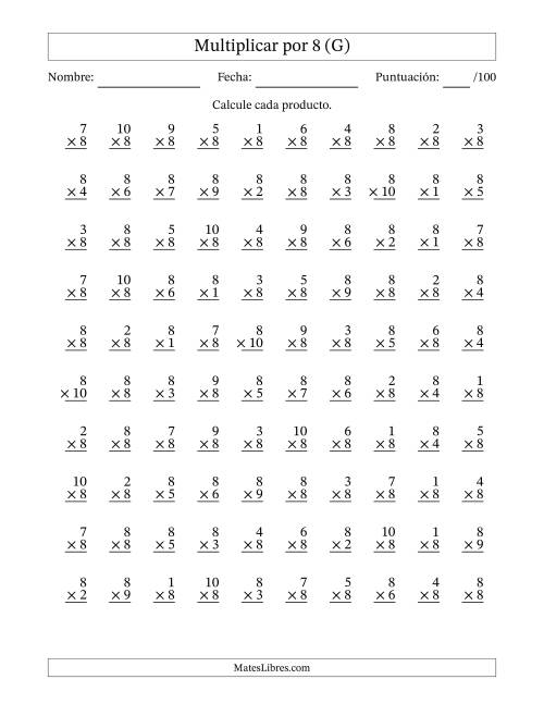 La hoja de ejercicios de Multiplicar (Factores de 1 a 10) por 8 (100 Preguntas) (G)