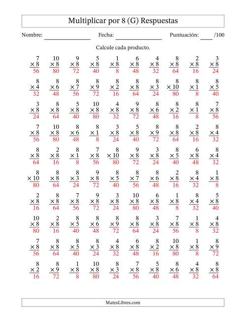 La hoja de ejercicios de Multiplicar (Factores de 1 a 10) por 8 (100 Preguntas) (G) Página 2